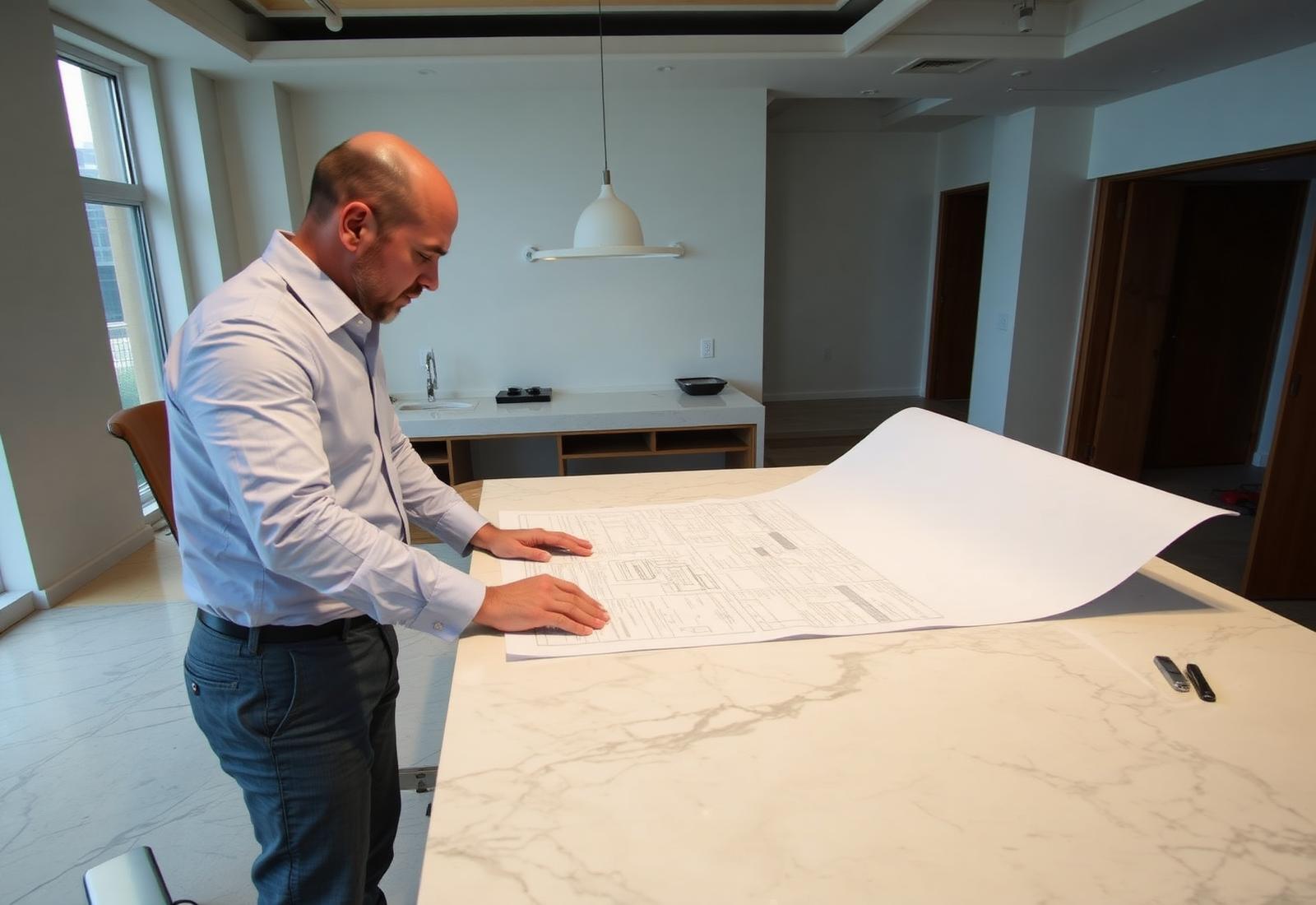 Project manager reviewing blueprints in a Manhattan renovation site