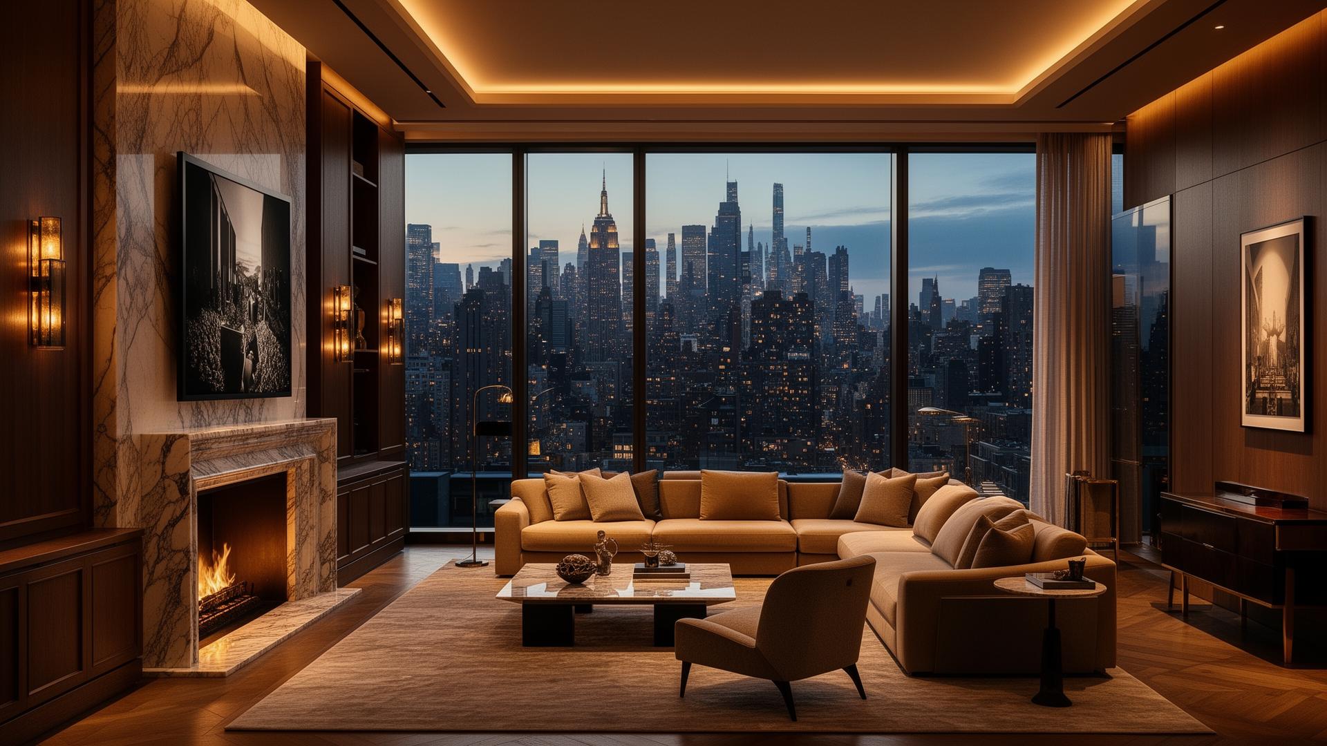 Luxury Manhattan penthouse interior at dusk